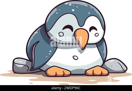 Cute cartoon penguin sitting on the ground. Vector illustration. Stock Vector