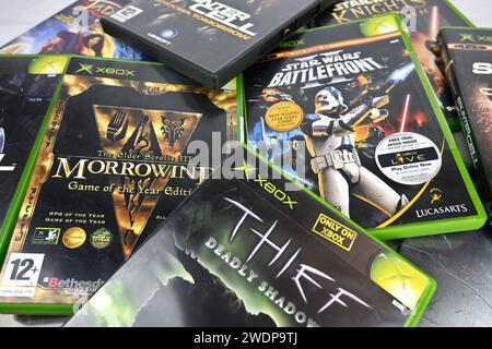 Microsoft Xbox Original video game physical cases collage  – Wales, UK  –  21 January 2024 Stock Photo