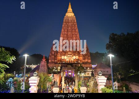 The 50m high Mahabodhi Temple at dusk, as seen from the east main entrance the central gateway, originally built by Emperor Asoka in 3rd century B.C. Stock Photo