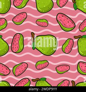 Guava Fruit Seamless Pattern in Cartoon Style. Perfect For Background, Backdrop, Wallpaper and Cover Packaging. Vector Illustration. Stock Vector