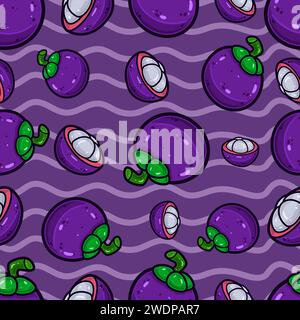 Mangosteen Fruit Seamless Pattern in Cartoon Style. Perfect For Background, Backdrop, Wallpaper and Cover Packaging. Vector Illustration. Stock Vector