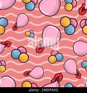Bubble Gum Seamless Pattern in Cartoon Style. Perfect For Background, Backdrop, Wallpaper and Cover Packaging. Vector Illustration. Stock Vector