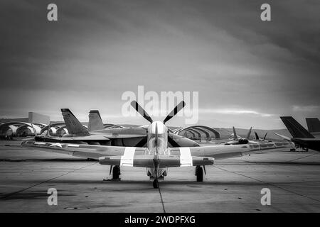 A P-51 Mustang on the tarmac at America's Airshow 2023 in Miramar, California (iPhone 14 Pro).. Stock Photo