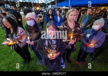 Los Angeles, California, USA. 21st Jan, 2024. People hold candlelights during a vigil on anniversary of 2023 mass shooting, Sunday January 21, 2024 in Monterey Park, California. On the one-year anniversary of the Monterey Park mass shooting that left 11 people dead, the city held a candlelight vigil to remember the victims as calls persist for stricter gun laws. (Credit Image: © Ringo Chiu/ZUMA Press Wire) EDITORIAL USAGE ONLY! Not for Commercial USAGE! Credit: ZUMA Press, Inc./Alamy Live News Stock Photo