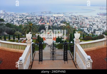 view from Mount Carmel of the Bahai Gardens and Bay in Haifa, Israel Stock Photo