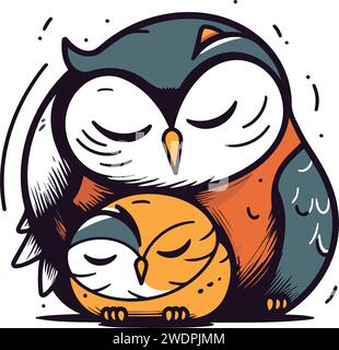 Owl with a sleeping baby. Vector illustration in cartoon style. Stock Vector