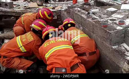 Tangfang Town, China. 22nd Jan, 2024.  rescuers working at the site of a landslide in Liangshui Village, Tangfang Town in the city of Zhaotong, southwest China's Yunnan Province. A total of 47 people were buried in a landslide that struck southwest China's Yunnan Province early Monday. More than 200 rescuers together with 33 firefighting vehicles and 10 loading machines were combing the debris to search for the missing, after the disaster happened in the Liangshui Village, Tangfang Town in the city of Zhaotong at 5:51 a.m. on Monday. Credit: Xinhua/Alamy Live News Stock Photo