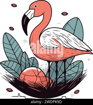 Flamingo bird with eggs in the nest. Vector illustration. Stock Vector
