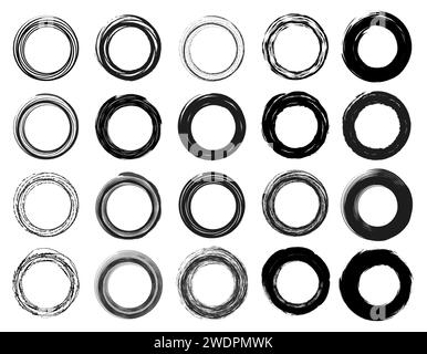 Grunge distressed circle set collection. Circles Frame border brush stroke style. Black lines in circle form, grungy texture elements isolated Stock Vector