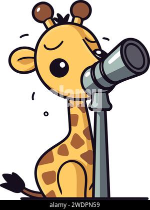 Cute giraffe with telescope. Vector illustration in cartoon style. Stock Vector