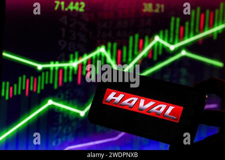London, UK. 16th Jan, 2024. This illustration photograph presents a logo of Haval, a Chinese car producer displayed on a smartphone with stock market illustration in the background. Europe and other Western countries worry of an influx of cheaper Chinese vehicles, which could lead to another shake in motor industry in the West. Credit: SOPA Images Limited/Alamy Live News Stock Photo