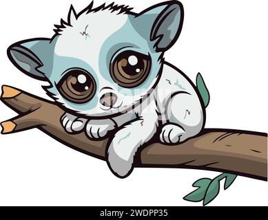 Cute cartoon lemur on a tree branch. Vector illustration. Stock Vector