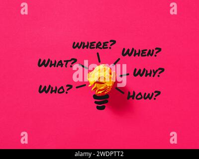 Five W1H. Questioning, brainstorming, fact finding. Business analysis and solutions for problems. Light bulb made of yellow crumpled paper with the wo Stock Photo