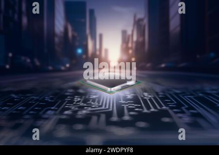 An innovative integrated circuit is prominently positioned in the center of an urban street, with the city skyline silhouetted against a twilight sky Stock Photo