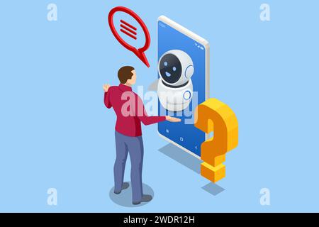 Isometric Question Marks, Message box with question, Chatbot technology, AI chat bot based on artificial intelligence. Man Ask Questions and receive Stock Vector