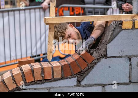 Apprentices working in various building trades including carpentry, brick laying, joinery, tiling , plastering, masonry and decorating Stock Photo