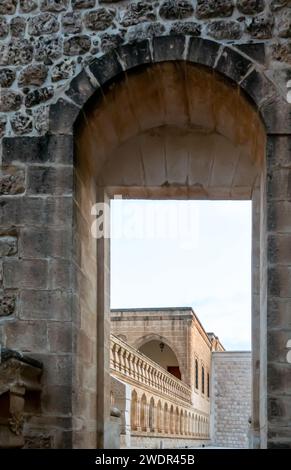 View through the door frame of  Mor Gabriel Monastery, in Midyat, Mardin, Tur Abdin, Southeastern Anatolia Region, Anatolia Province, Turkey Stock Photo