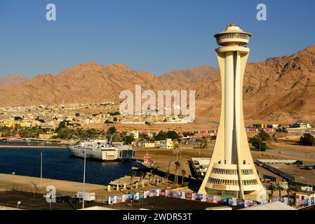 Harbour, tower, city, Sheikh Zayed Mosque, Aqaba, mountains, desert, Jordan Stock Photo