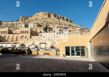 View of Mardin castle from the courtyard of the Museum of Mardin history, Turkey Stock Photo