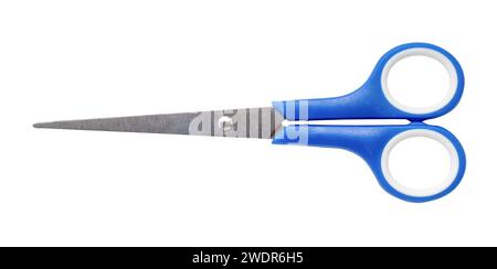 Small multipurpose scissors with blue handle is isolated on white background with clipping path. Stock Photo