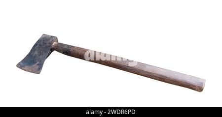 Old rust dirty dark gray axe with brown wooden handle is isolated on white background with clipping path. Stock Photo