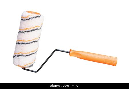 Top view of multicolor paint roller with orange handle is isolated on white background with clipping path. Stock Photo