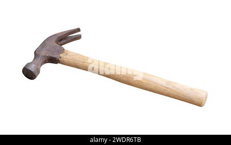 Small old hammer with wooden handle is isolated on white background with clipping path. Stock Photo