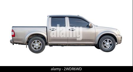 Side view of gray pickup truck is isolated on white background with clipping path. Stock Photo