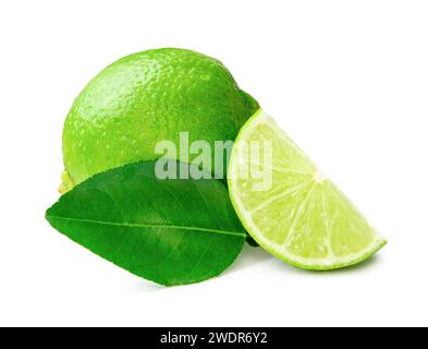 Front view of green lemon fruit with slice or quarter is isolated on white background with clipping path. Stock Photo