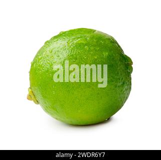 Front view of fresh green lemon fruit is isolated on white background with clipping path. Stock Photo