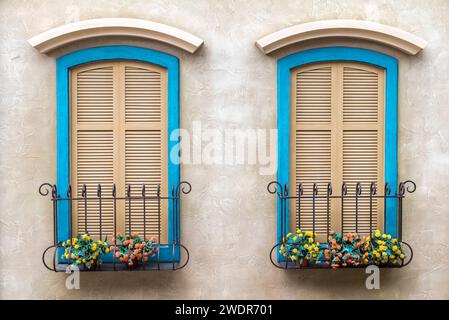 Two windows, with bright blue frames, and shutters on the glass. The windows have flowers at the base. A quaint scene. Stock Photo