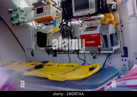 Moscow, Moscow region, Russia - 03.09.2023:An inside view of an ambulance helicopter with modern life support devices and a spinal platform Stock Photo