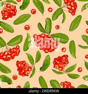 Seamless pattern of pyracantha fruits and leaves on a beige background Stock Vector