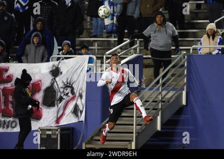 Non Exclusive: January 17, 2024,Dallas, Texas, USA: River Plate defender Enzo Diaz stops the ball midair during the friendly international soccer game Stock Photo