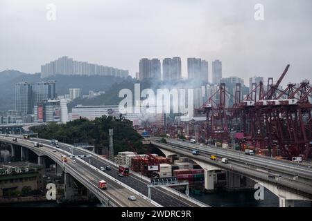 Hong Kong, China. 22nd Jan, 2024. Dense smoke seen at Modern Terminals ...