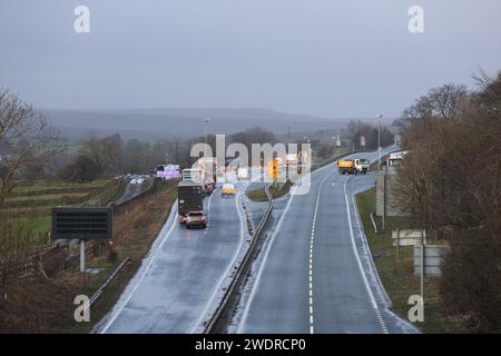 A66, Bowes, Teesdale, County Durham, UK. 22nd January 2024. UK Weather. The A66 between Bowes and Brough is currently closed after wagons were blown over as storm Isha hit the area Credit: David Forster/Alamy Live News Stock Photo