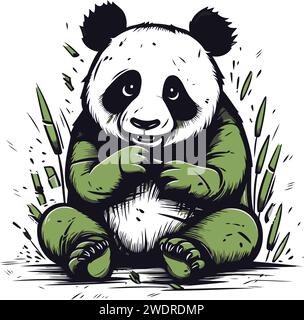 Cute panda bear sitting on the grass. Vector illustration. Stock Vector