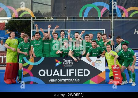 Valencia, Spain. 21st Jan, 2024. Players of Ireland celebrate after the Men's Hockey Olympic qualifiers 2024 match in Valencia, Spain, Jan. 21, 2024. Credit: Pablo Morano/Xinhua/Alamy Live News Stock Photo