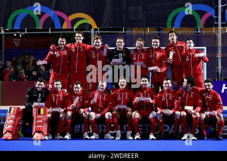 Valencia, Spain. 21st Jan, 2024. Players of Belgium celebrate after the Men's Hockey Olympic qualifiers 2024 match in Valencia, Spain, Jan. 21, 2024. Credit: Pablo Morano/Xinhua/Alamy Live News Stock Photo