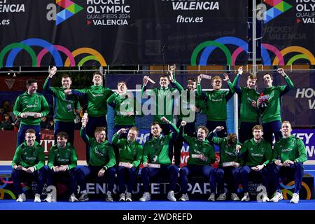 Valencia, Spain. 21st Jan, 2024. Players of Ireland celebrate after the Men's Hockey Olympic qualifiers 2024 match in Valencia, Spain, Jan. 21, 2024. Credit: Pablo Morano/Xinhua/Alamy Live News Stock Photo