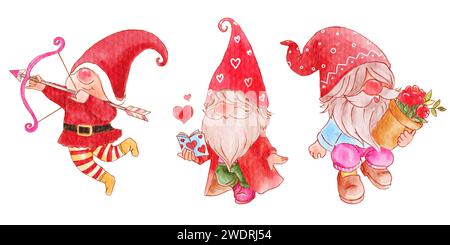 Gnomes with valentine's day costume . Set 5 of 13 . White isolate background . Illustration . Stock Photo