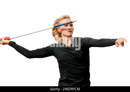 female athlete javelin throwing in athletics competition isolated on white background Stock Photo