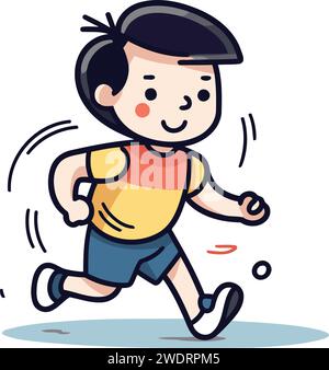 Running boy vector illustration. Cute cartoon little boy running and jogging. Stock Vector