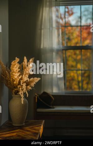 Pampas grass bouquet in plaster vase near autumn window scene Stock Photo