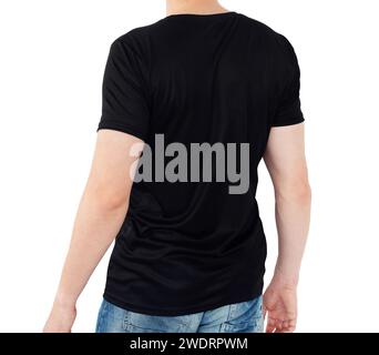 Black T-shirt isolaled on a white background, back view. Blank for your design Stock Photo