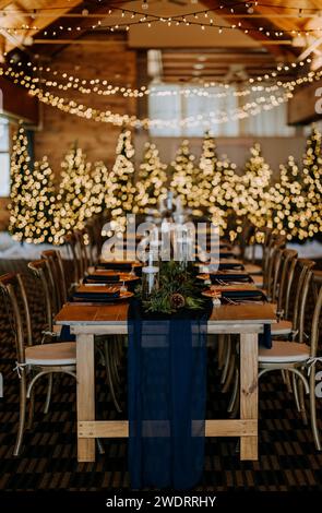 Wedding reception dinner table with lights and decorations Stock Photo