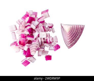 Top view of fresh red or purple onion slices or pieces in stack and set is isolated on white background with clipping path. Stock Photo