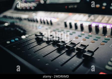 Sound control music mixer in record studio. Close up mixer and equalizer volume on the mixer amplifier. Digital audio system Stock Photo