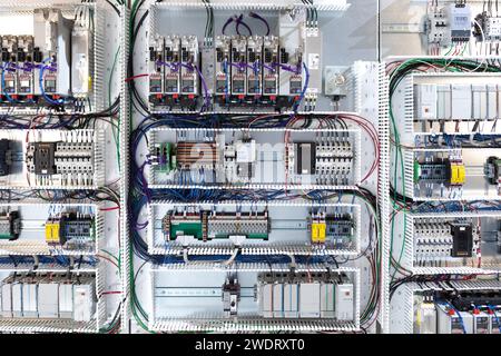 Top down view of electronics and wiring Stock Photo