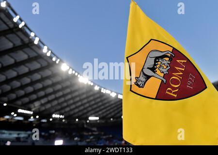 Verona Rome AS Roma crest is seen on the corner flag during the Serie A Enilive ...